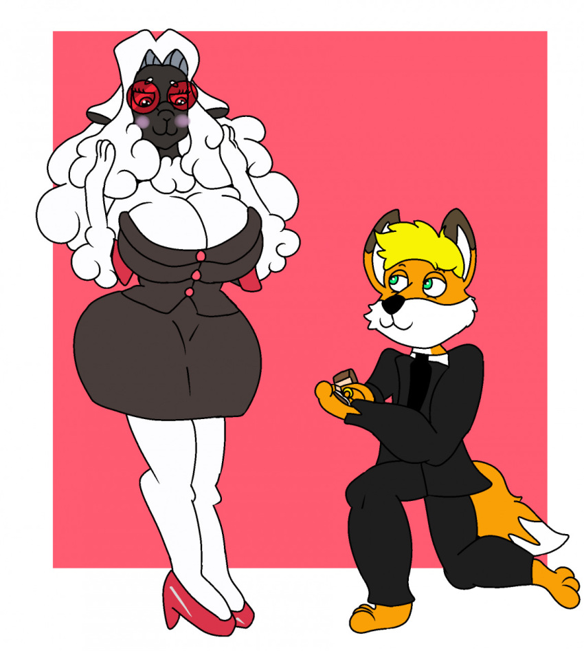 anthro big_breasts blanche_the_business_sheep boss bovid breasts canid canine caprine clothed clothing curvy_figure digit_ring duo engagement engagement_ring eyewear female fox glasses herbivoreheroine hi_res hourglass_figure jewelry kei_(angelgothfox) kneeling looking_at_another mammal mature_female office_lady on_one_knee proposal propose ring sheep smile suit