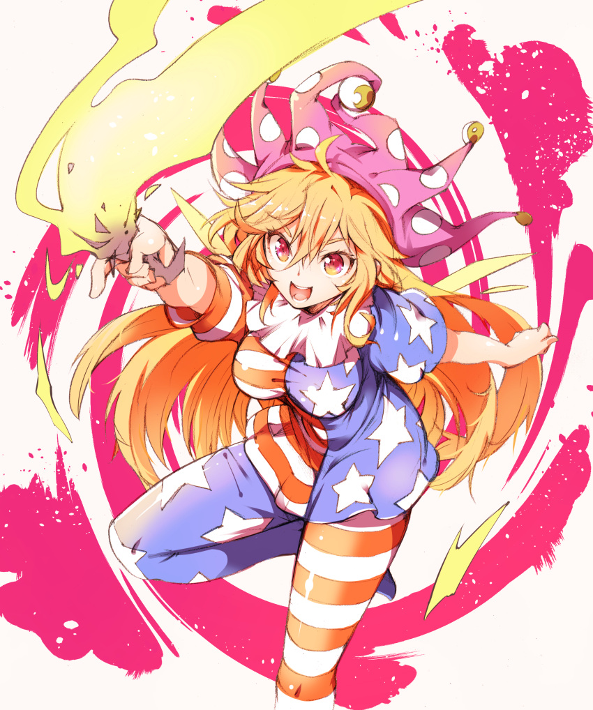 1girl absurdres american_flag_dress american_flag_legwear blonde_hair breasts clownpiece dress fire hat highres holding holding_torch ichizen_(o_tori) jester_cap large_breasts long_hair pantyhose polka_dot polka_dot_headwear purple_headwear red_eyes short_dress simple_background smile solo star_(symbol) star_print striped_clothes torch touhou very_long_hair white_background