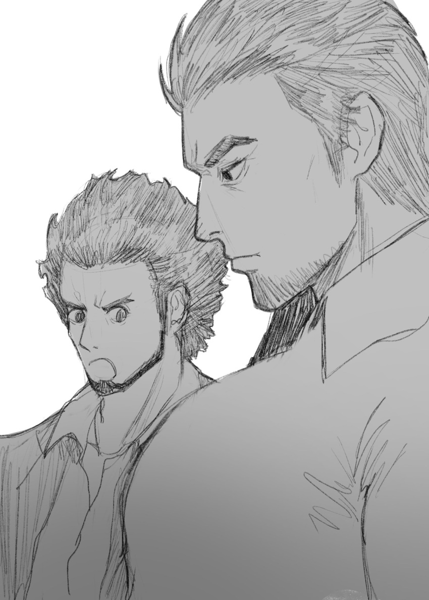 2boys :o bara character_request facial_hair from_side girl_staring_at_guys_chest_(meme) goatee_stubble greyscale highres kiryu_kazuma large_pectorals looking_at_another looking_at_pectorals looking_down male_focus mature_male meme michin_ojisan monochrome multiple_boys muscle_envy muscular muscular_male pectorals profile ryuu_ga_gotoku_(series) stubble thick_eyebrows upper_body