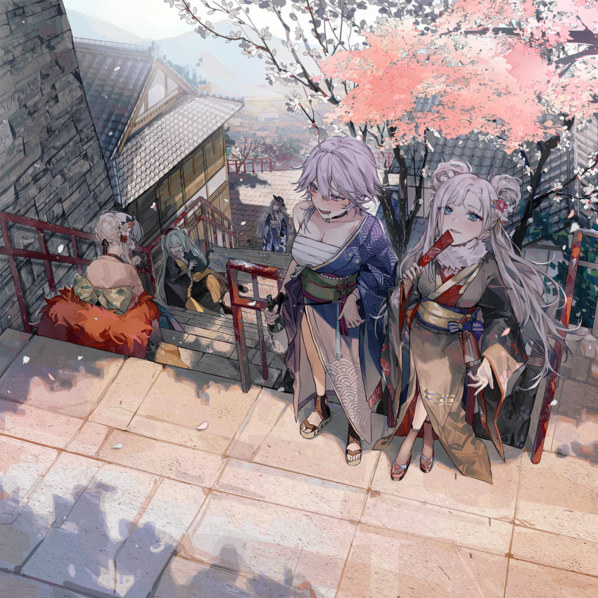 5girls a-545_(silver_tree's_gratitude)_(girls'_frontline) animal animal_on_lap architecture artist_request black_cat black_choker black_gloves black_haori black_headwear blue_eyes blue_kimono blue_sash blush boots bottle breasts brick_floor brick_wall brown_hair building cat cat_on_lap cherry_blossoms chest_sarashi choker cleavage closed_eyes collarbone crossed_ankles day double_bun drooling drunk earrings east_asian_architecture eyeliner eyes_visible_through_hair facial_tattoo feet fingerless_gloves fingernails floral_print_kimono flower from_above full_body fur_collar fx-05_(journey_among_the_stars)_(girls'_frontline) girls'_frontline gloves green_hair green_sash grey_kimono hagoita hair_between_eyes hair_bun hair_flower hair_ornament hair_over_shoulder hair_up hat highres holding holding_animal holding_bottle holding_cat japanese_clothes jewelry kimono large_breasts laughing lightning_bolt_symbol long_hair long_sleeves looking_at_viewer makeup medium_hair micro_uzi_(new_maple_silhouette)_(girls'_frontline) multiple_girls no_socks obi official_alternate_costume official_art okobo on_lap open_mouth ots-39_(apricot_fantasia)_(girls'_frontline) outdoors paddle parted_lips pink_nails purple_eyes purple_kimono railing sake_bottle sandals sarashi sash see-through_socks shadow sharp_teeth short_hair_with_long_locks single_glove single_off_shoulder sitting sitting_on_stairs sl8_(blue_snow_under_you)_(girls'_frontline) smile stairs standing tattoo teeth third-party_source toes tree twintails two-tone_kimono upper_teeth_only very_long_hair white_hair wide_brim wide_sleeves yellow_kimono yellow_sash