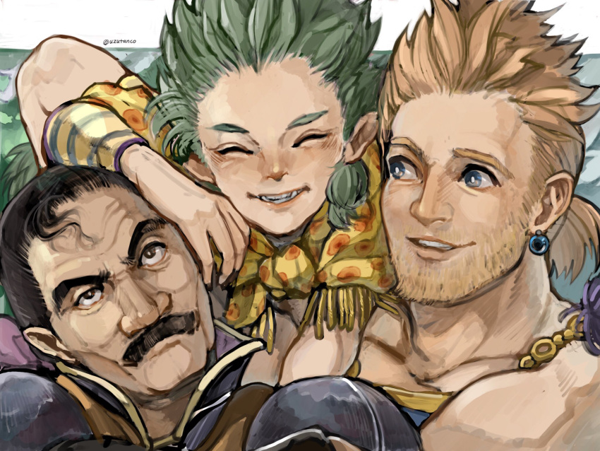 3boys armor beard black_hair blonde_hair blue_eyes brown_eyes closed_eyes cyan_garamonde earrings facial_hair fangs final_fantasy final_fantasy_vi furrowed_brow gau green_hair grin hair_ribbon hair_slicked_back highres jewelry long_hair low_ponytail male_focus multiple_boys muscular muscular_male mustache neckerchief parted_lips print_neckerchief purple_ribbon ribbon sabin_rene_figaro short_hair short_ponytail shoulder_armor sidelocks single_earring smile twitter_username upper_body uzutanco wristband