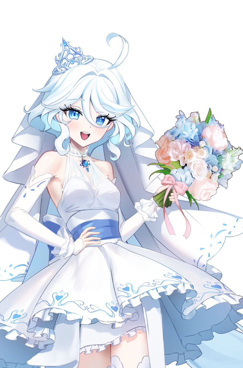 1girl :d absurdres ahoge alternate_costume bare_shoulders blue_eyes blue_flower blue_hair blush bouquet breasts brooch commentary cowboy_shot detached_sleeves dress flower furina_(genshin_impact) genshin_impact hair_between_eyes hand_on_own_hip highres holding holding_bouquet jewelry long_hair long_sleeves looking_at_viewer muu_maa_muu open_mouth sleeveless sleeveless_dress small_breasts smile solo standing tiara very_long_hair white_dress