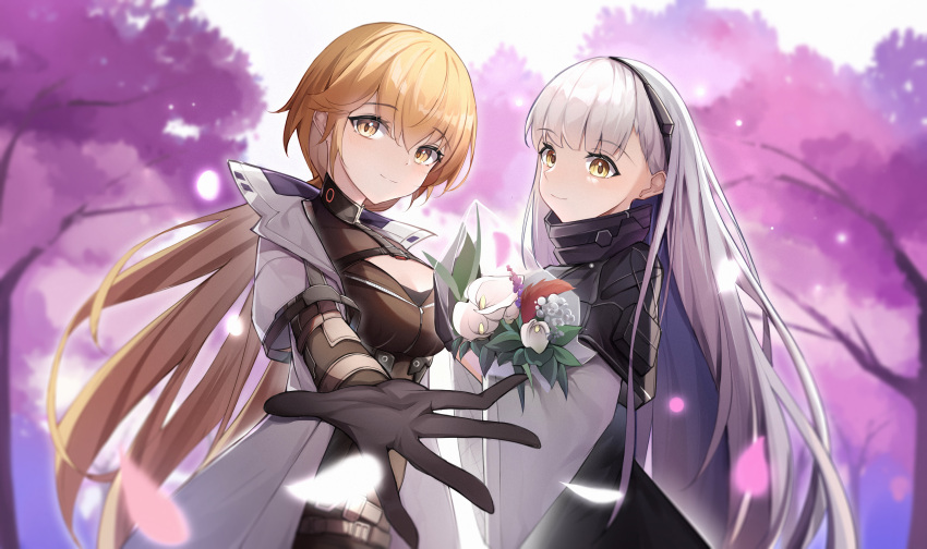 2girls absurdres ak-alfa_(girls'_frontline) black_gloves black_hairband blonde_hair bouquet breasts cherry_blossoms cleavage coat girls'_frontline girls'_frontline_2:_exilium gloves hairband highres holding holding_bouquet long_hair looking_at_viewer multiple_girls open_clothes open_coat ots-14_(girls'_frontline) reaching reaching_towards_viewer smile tree upper_body wan3051 white_coat white_hair yellow_eyes