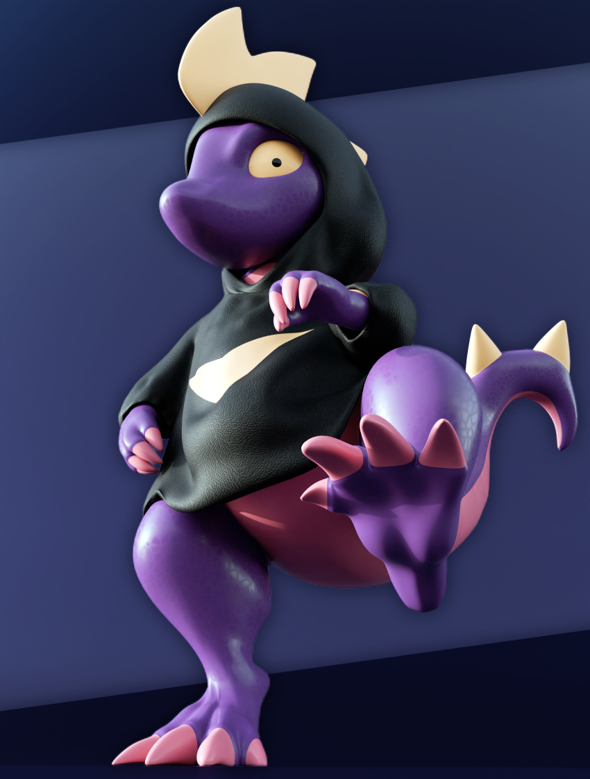absurd_res ambiguous_gender biped black_clothing bottomless claws clothed clothing feet foot_focus hi_res hoodie leezpunk lizard looking_at_viewer pal_(species) palworld paws purple_body raised_leg reptile scalie showing_feet simple_background soles solo sweatshirt tail toes topwear unknown_artist yellow_eyes