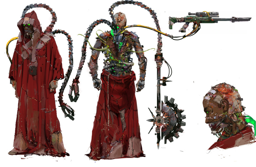 1boy adeptus_mechanicus back_splitting_open commentary concept_art cyborg damaged deep_wound english_commentary extra_arms full_body glowing glowing_eyes green_eyes gun guro highres holding holding_gun holding_staff holding_weapon hood injury male_focus mechanical_arms multiple_views patchwork_clothes phoebe_herring red_hood red_robe robe slime_(substance) solo staff tan techpriest tendril tendrils_from_back tentacles tube warhammer_40k weapon