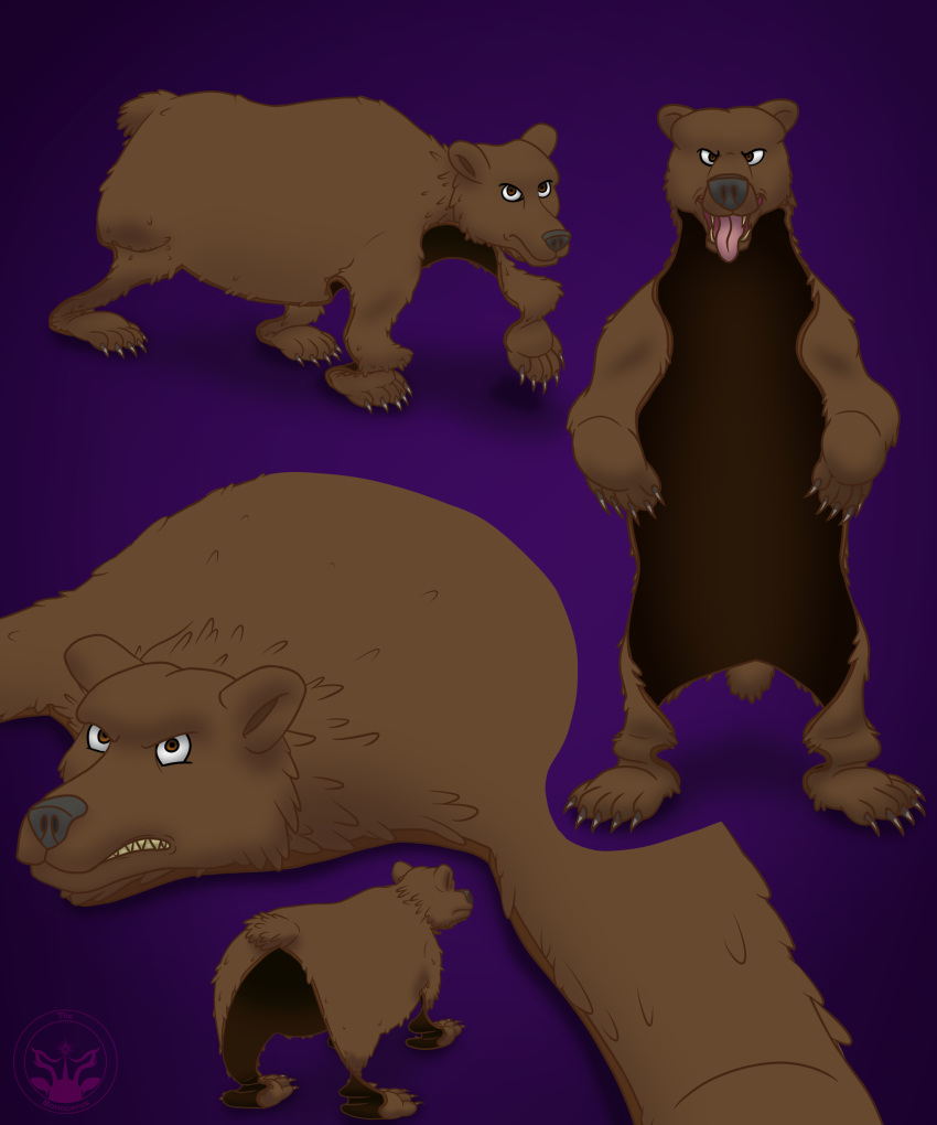 4_legs absurd_res animate_inanimate bear bear_rug black_nose brown_body brown_eyes brown_fur feral fur hi_res looking_at_viewer male mammal model_sheet monocerus on_two_legs open_mouth pink_tongue possession simple_background solo taxidermy tongue