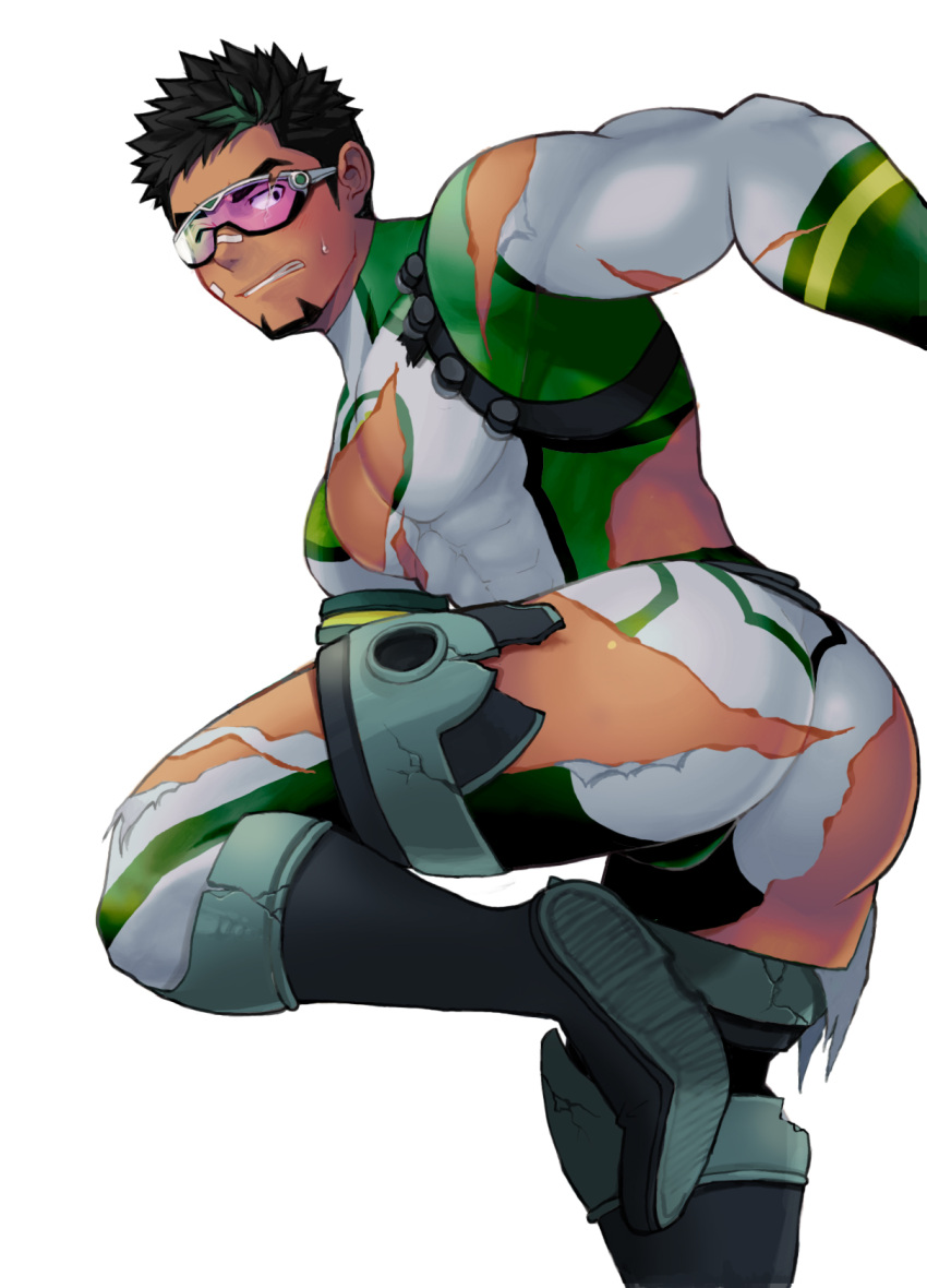1boy ass ass_focus bandaid bandaid_on_face bandaid_on_nose bara black_hair blush bodysuit bulge_peek dark-skinned_male dark_skin facial_hair foot_out_of_frame from_behind goatee gorioxxxx green_hair highres kyoichi_(live_a_hero) leaning_forward live_a_hero looking_back male_focus multicolored_hair muscular muscular_male one_eye_closed pectoral_cleavage pectorals short_hair sideburns solo streaked_hair sweatdrop thick_eyebrows thick_thighs thighs torn_bodysuit torn_clothes turning_around v wink_star