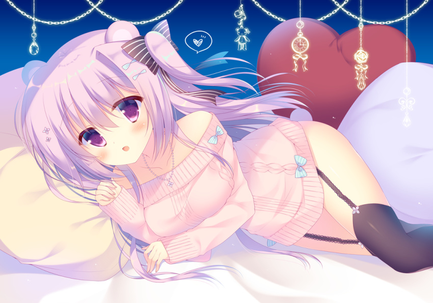 bed bow long_hair original pink_hair purple_eyes sumii thighhighs