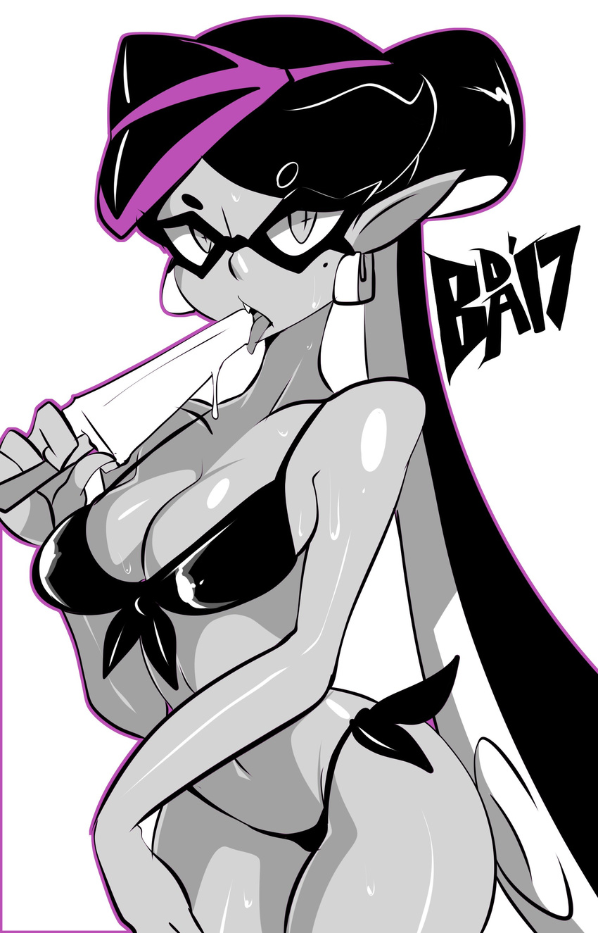 2017 absurd_res beauty_mark bigdead93 bikini breasts callie callie_(splatoon) clothing ear_piercing female food hat hi_res humanoid inkling licking looking_at_viewer monochrome nintendo not_furry piercing popsicle simple_background solo splatoon suggestive suggestive_food sweat swimsuit tentacle_hair tentacles tongue tongue_out video_games