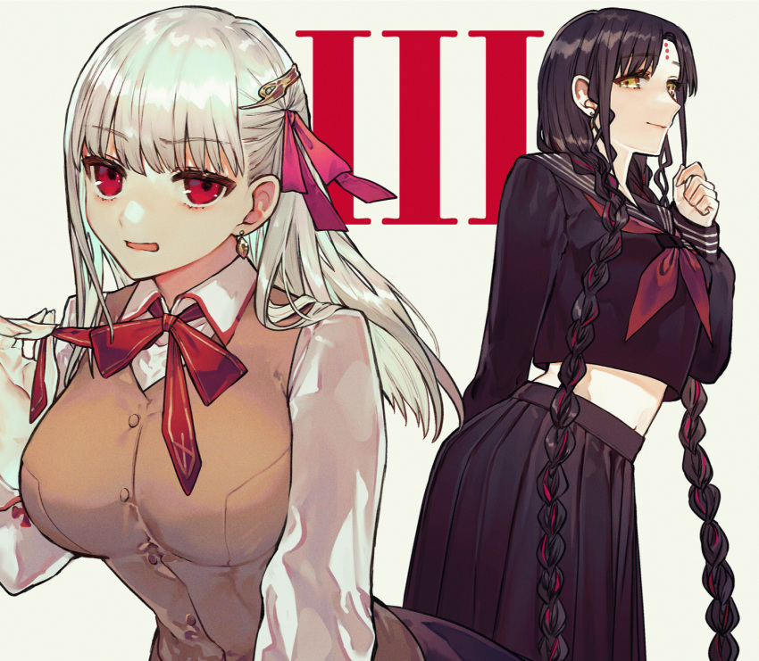 2girls albino_(a1b1n0623) black_hair black_sailor_collar black_serafuku black_shirt black_skirt bow bowtie braid breasts brown_vest closed_mouth commentary cowboy_shot dangle_earrings earrings facial_mark fate/extra fate/extra_ccc fate/grand_order fate/stay_night fate_(series) forehead_mark forehead_tattoo gold_earrings grey_hair hair_ornament hair_ribbon hand_up highres homurahara_academy_school_uniform jewelry kama_(fate) large_breasts leaning_forward light_smile long_hair long_sleeves looking_at_viewer looking_to_the_side midriff_peek multicolored_hair multiple_girls neckerchief open_mouth pink_hair pink_ribbon pleated_skirt red_bow red_bowtie red_eyes red_neckerchief ribbon roman_numeral sailor_collar school_uniform serafuku sessyoin_kiara sessyoin_kiara_(swimsuit_mooncancer) shirt simple_background skirt streaked_hair third-party_source tsukumihara_academy_uniform_(fate/extra_ccc) twin_braids very_long_hair vest white_background white_shirt