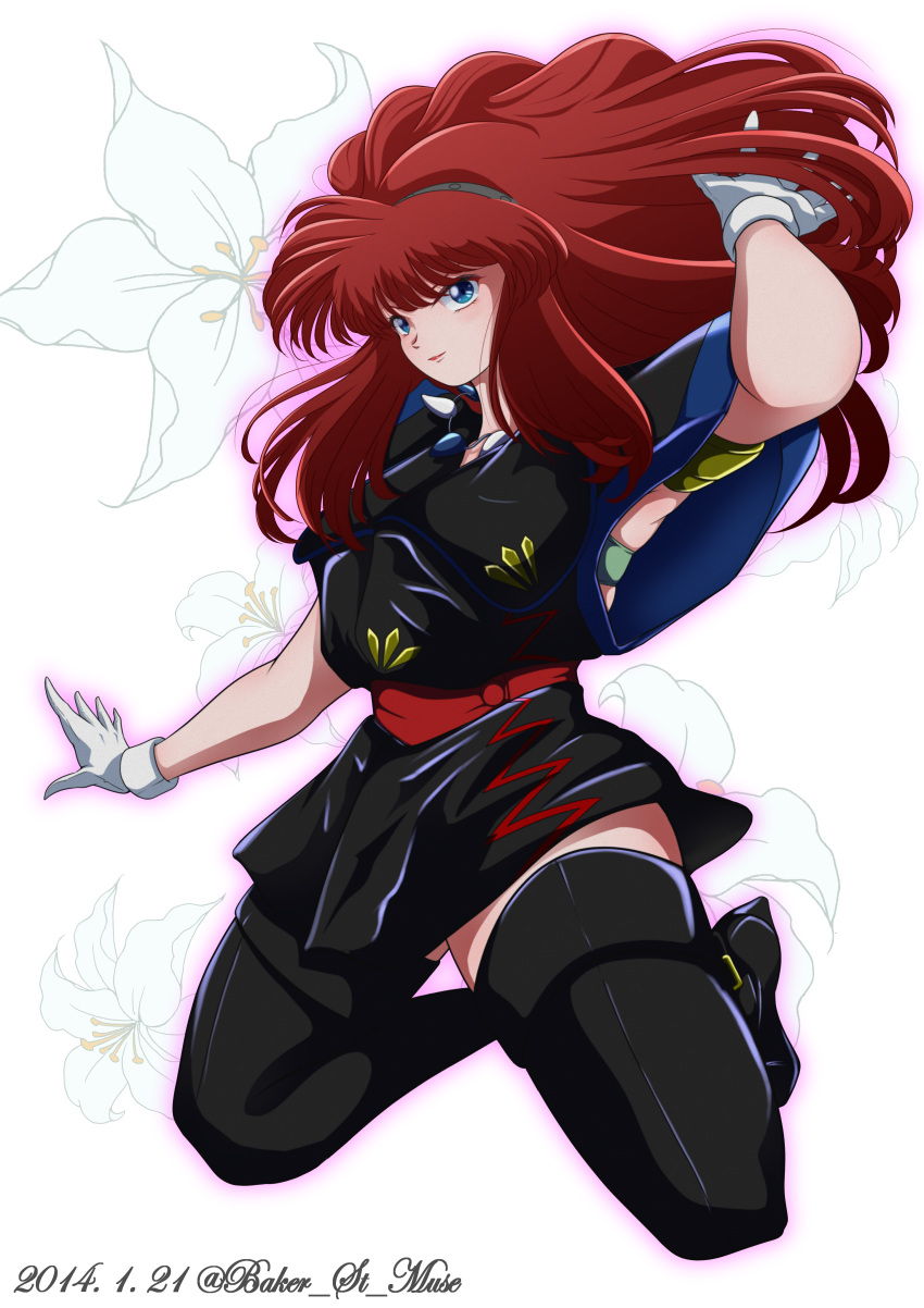1980s_(style) 1girl absurdres arm_up armlet artist_name baker_st_muse black_skirt black_thighhighs blue_eyes bra brown_hair dated floral_background gaw_ha_leecee gloves green_bra grey_hairband hairband highres jewelry juusenki_l-gaim lipstick long_hair looking_at_viewer makeup necklace retro_artstyle simple_background skirt solo thighhighs underwear white_background white_gloves