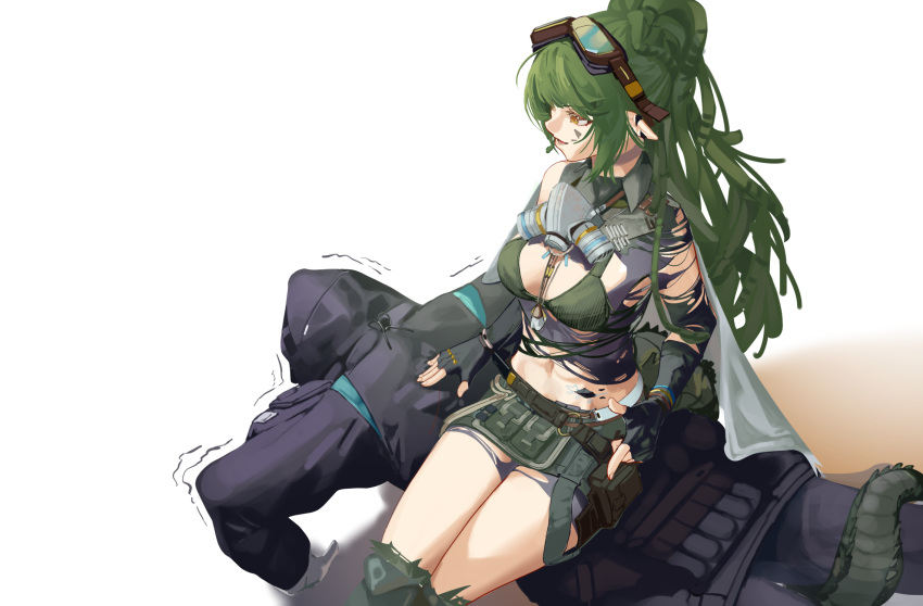 1girl 1other arknights bikini black_coat black_gloves black_jacket black_pants breasts coat commentary crocodilian_tail doctor_(arknights) dreadlocks english_commentary exercise fingerless_gloves gandy_(gan3e46) gas_mask gavial_(arknights) gavial_the_invincible_(arknights) gloves goggles goggles_on_head green_bikini green_hair green_tail high_ponytail highres hood hood_up hooded_coat hooded_jacket jacket jewelry long_hair looking_at_another mask mask_around_neck navel necklace oripathy_lesion_(arknights) pants pointy_ears ponytail push-ups respirator simple_background sitting sitting_on_person stomach_tattoo swimsuit tail tattoo torn_clothes torn_gloves white_background white_gloves yellow_eyes