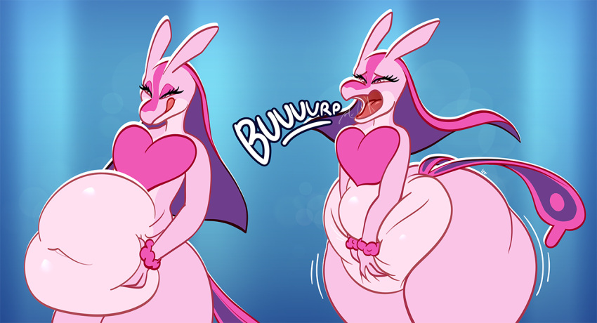 &lt;3 anthro belly big_belly blue_background burping digestion female hand_on_stomach licking licking_lips lovander navel nude pal_(species) palworld scalie simple_background sjevi smile solo tongue tongue_out vore wide_hips