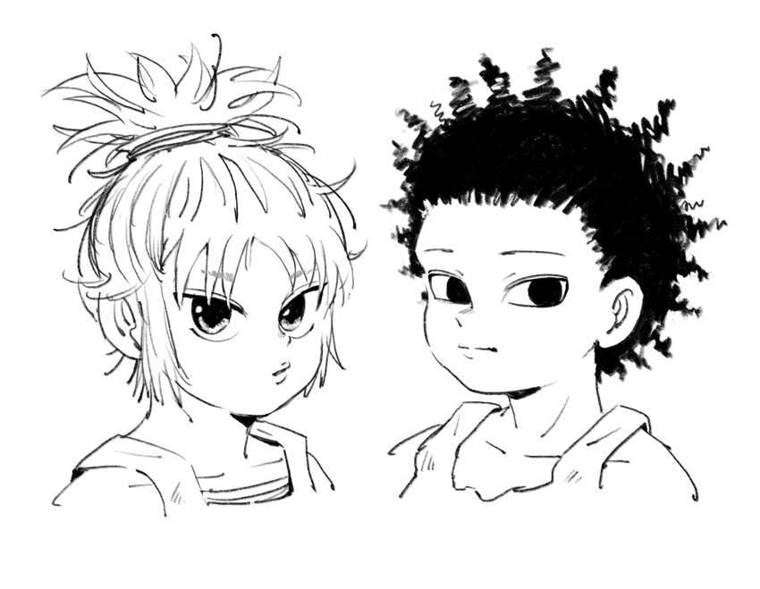 1boy 1girl aged_down child closed_mouth curly_hair feitan_portor greyscale highres hiro_muni hunter_x_hunter lips looking_at_viewer machi_komacine monochrome portrait puckered_lips ringlets sidelocks sideways_glance simple_background sleeveless tank_top topknot