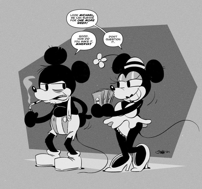 anthro biped breasts cigarette clothed clothing dialogue disney duo english_text female fleischer_style_toon flower footwear hi_res high_heels joaoppereiraus male mammal mickey_mouse minnie_mouse money mouse murid murine plant rodent smile smoking smoking_cigarette speech_bubble tail text toony underwear