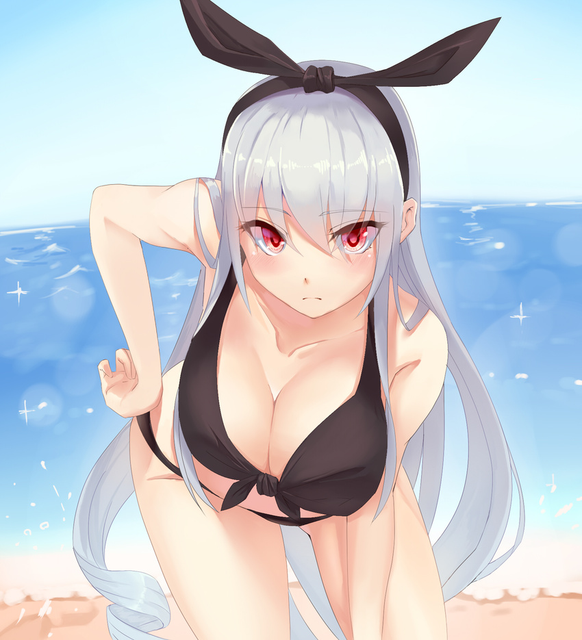 bangs beach bent_over bikini black_bikini breasts cleavage collarbone contrapposto cosmic_break cosmic_break_2 day drill_hair eyes_visible_through_hair goruva hairband hand_on_hip highres ivis large_breasts long_hair looking_at_viewer red_eyes silver_hair solo standing swimsuit very_long_hair