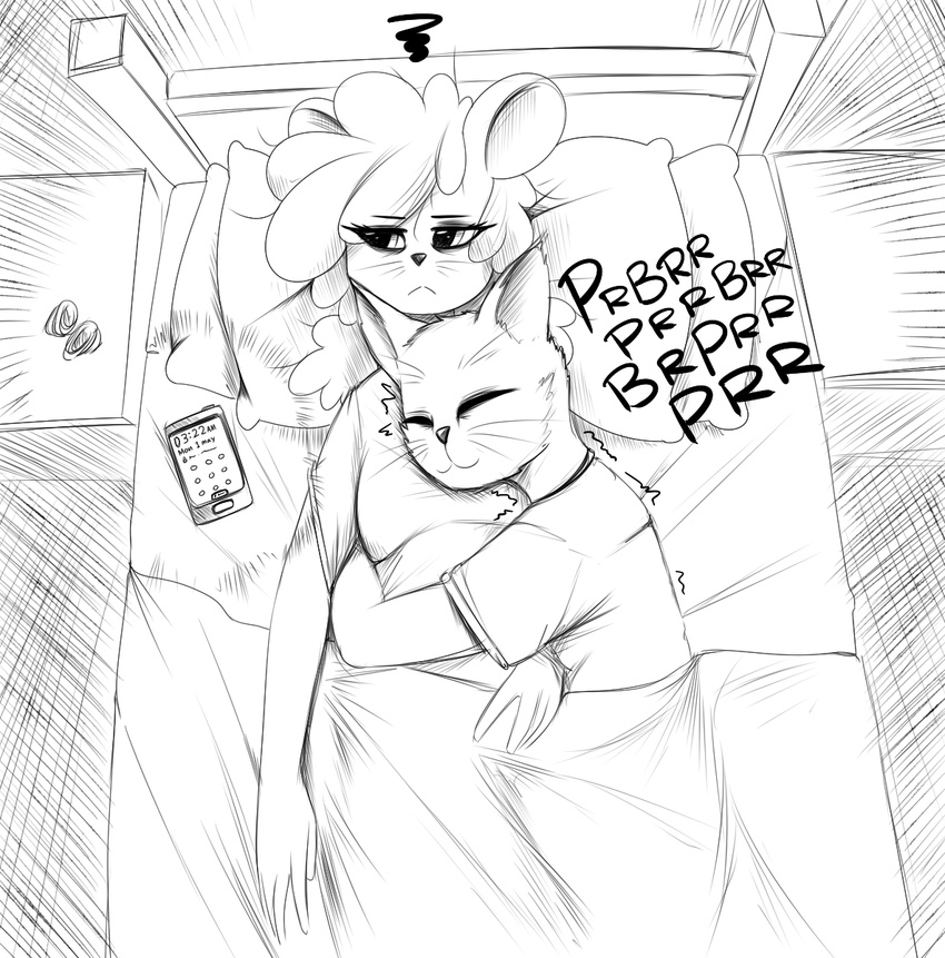 2017 annoyed anthro bed cat cellphone clothed clothing cuddling duo feline female femlae lying male mammal monochrome mouse phone purring replica_(artist) rodent romantic_couple sleeping