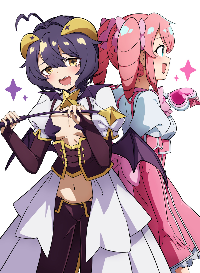 1-4daithi 2girls absurdres ahoge aqua_eyes back-to-back back_bow black_pasties blush bow breastless_clothes breasts commentary corset dress drill_hair drooling elbow_gloves fold-over_gloves forward_facing_horns gloves hanabishi_haruka highres hiiragi_utena holding holding_riding_crop holding_wand horns lowleg lowleg_pants magia_baiser magia_magenta magical_girl mahou_shoujo_ni_akogarete mouth_drool multiple_girls navel open_mouth pants pasties pink_bow pink_dress pink_gloves pink_hair puffy_short_sleeves puffy_sleeves purple_corset purple_hair purple_pasties revealing_clothes riding_crop short_hair short_sleeves showgirl_skirt shrug_(clothing) simple_background smile star_(symbol) star_pasties symbol-shaped_pupils teeth twin_drills twintails upper_teeth_only wand white_shrug wings yellow_eyes yellow_horns