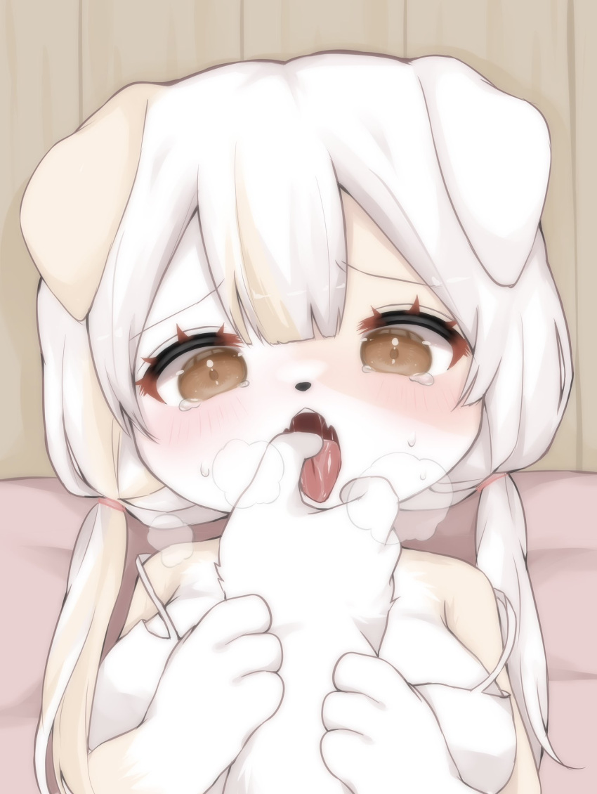 1boy 1girl animal_ears animal_nose blush breasts breath brown_eyes camisole dog_ears dog_girl fang finger_in_another's_mouth furry furry_female furry_male furry_with_furry heavy_breathing highres huton_iinioi large_breasts looking_at_viewer lying no_bra on_back open_mouth original pov pov_hands saliva skin_fang solo_focus strap_slip tongue tongue_out twintails white_camisole white_hair