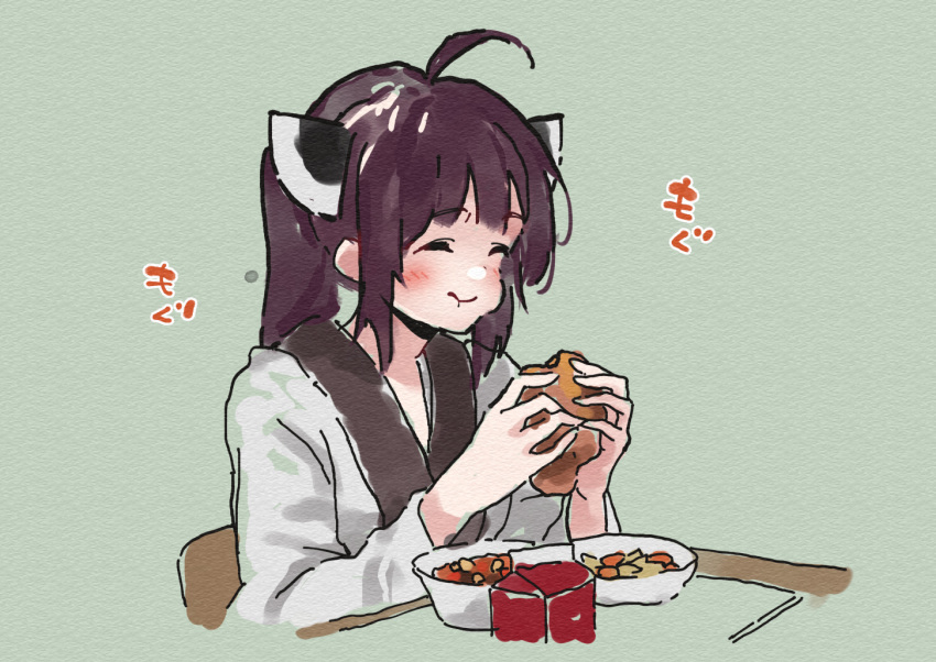 1girl :t ^_^ ahoge blush bowl brown_hair chair closed_eyes closed_mouth eating food food_request green_background headgear holding holding_food japanese_clothes kimono lamb_(hitsujiniku) long_sleeves obi on_chair sash simple_background solo table touhoku_kiritan translation_request two_side_up voiceroid white_kimono wide_sleeves