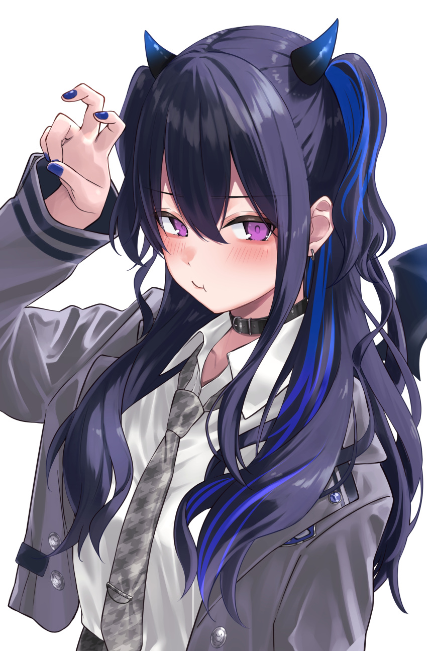 1girl absurdres belt belt_choker bent_v black_belt black_hair blue_hair blue_nails blush closed_mouth collared_shirt commentary_request demon_girl demon_horns demon_wings earrings grey_jacket grey_necktie hair_between_eyes hand_up highres horns ichinose_uruha jacket jewelry long_hair long_sleeves looking_at_viewer multicolored_hair nail_polish necktie nisi_ki_no open_clothes open_jacket pout purple_eyes shirt sidelocks simple_background solo streaked_hair two_side_up upper_body virtual_youtuber vspo! white_background white_shirt wings