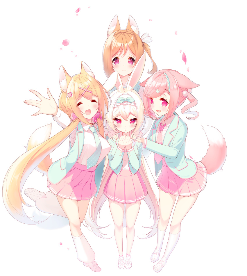 4girls :d ^_^ absurdres amamiya_aki amamiya_mei animal_ear_fluff animal_ears arm_up blazer blonde_hair blue_jacket blue_vest blush breasts brown_hair closed_eyes closed_mouth collared_shirt cynthia_riddle facing_viewer fox_ears fox_girl fox_tail hair_ornament hairband hairclip highres jacket long_hair looking_at_viewer loose_socks low_twintails medium_breasts milia_leclerc mofu-mofu_after_school mofumofu_channel multiple_girls necktie open_clothes open_jacket outstretched_arm p19 petals pink_hair pink_necktie pink_skirt pleated_skirt purple_eyes rabbit_ears school_uniform shirt shoes siblings simple_background sisters skirt smile socks standing standing_on_one_leg tail twintails very_long_hair vest white_background white_footwear white_hair white_hairband white_shirt white_socks x_hair_ornament