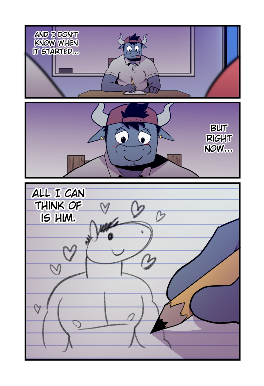 &lt;3 anthro backwards_baseball_cap backwards_hat baseball_cap blush bovid bovine cattle clothing comic drawing ear_piercing hat headgear headwear hi_res horn male mammal milo_(t0l0k) muscular muscular_male pencil_(object) piercing solo t0l0k tongue tongue_out