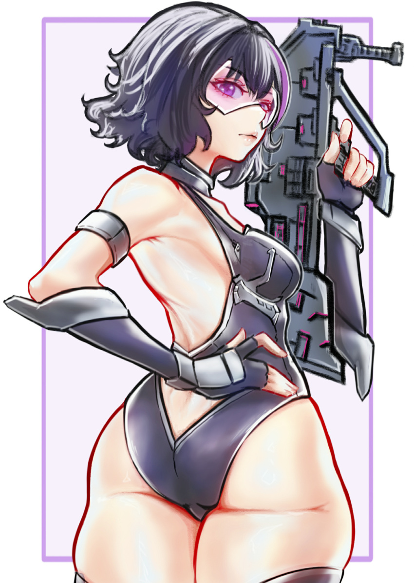 1girl absurdres ai_shou ass black_hair breasts commission detached_sleeves girls'_frontline gun hand_on_own_hip head-mounted_display highres holding holding_gun holding_weapon leotard looking_back medium_breasts multicolored_hair purple_eyes purple_hair purple_leotard ripper_(girls'_frontline) sangvis_ferri second-party_source simple_background solo streaked_hair thighhighs weapon