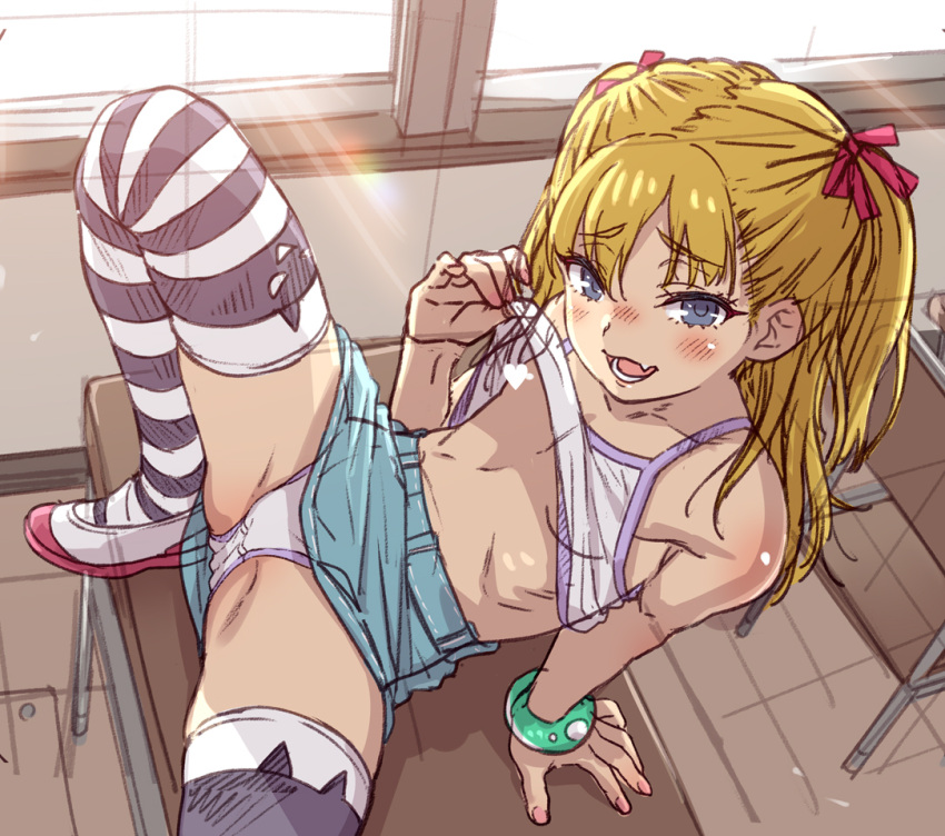 1girl blonde_hair blue_eyes blush camisole_lift censored classroom clothes_lift commentary_request fang flat_chest hair_ribbon heart heart_censor indoors lifted_by_self long_hair looking_at_viewer on_table original panties ribbon shoes sketch skirt skirt_lift smile solo striped_clothes striped_thighhighs sunlight table thighhighs two_side_up underwear uousa-ou uwabaki white_panties