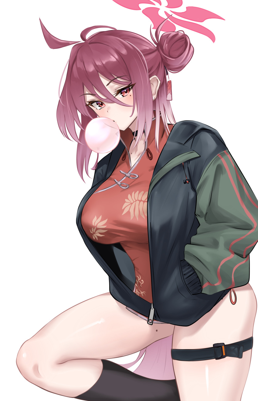 1girl absurdres ahoge bare_shoulders blue_archive blush breasts bubble_blowing chewing_gum china_dress chinese_clothes choker crimecrime dress grey_jacket hair_between_eyes hair_bun halo highres jacket kneehighs large_breasts long_hair long_sleeves looking_at_viewer mole mole_under_eye open_clothes open_jacket pelvic_curtain red_dress red_eyes red_hair reijo_(blue_archive) short_dress side_slit single_hair_bun single_side_bun socks solo thigh_strap thighs