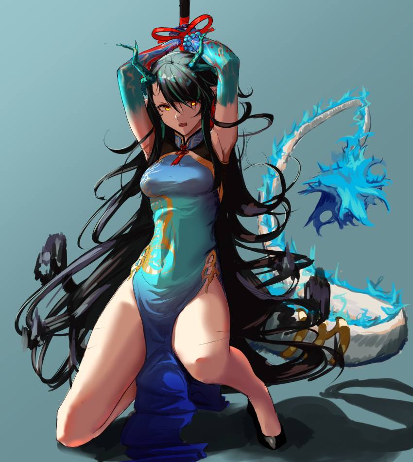 1girl absurdres aqua_dress arknights armpits arms_up bead_bracelet beads black_footwear black_hair blue_background blue_skin bracelet china_dress chinese_clothes colored_skin commentary dragon_girl dragon_horns dragon_tail dress dusk_(arknights) dusk_(everything_is_a_miracle)_(arknights) english_commentary fiery_tail full_body gandy_(gan3e46) gradient_background gradient_skin green_horns green_skin high_heels highres horns jewelry long_hair looking_at_viewer on_one_knee open_mouth pointy_ears pole red_skin restrained sleeveless sleeveless_dress solo stiletto_heels tail tassel very_long_hair