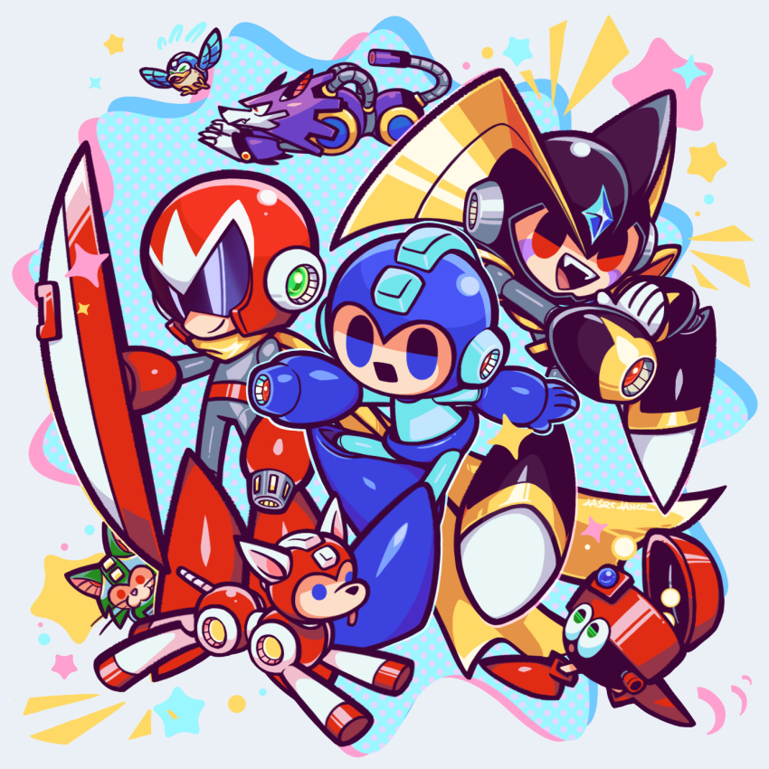 3boys bass_(mega_man) beat_(mega_man) bird blue_eyes cat closed_mouth dog eddie_(mega_man) fangs highres holding holding_shield humanoid_robot laser-lance looking_at_viewer mega_man_(character) mega_man_(classic) mega_man_(series) multiple_boys open_mouth proto_man red_eyes robot rush_(mega_man) shield tango_(mega_man) teeth treble_(mega_man) upper_teeth_only