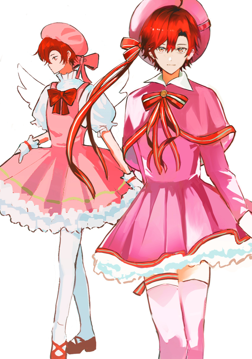 1boy angel_wings bonnet bow bowtie capelet cardcaptor_sakura cosplay crossdressing dress english_commentary facing_viewer frilled_shirt frills full_body gloves hair_between_eyes hat highres holostars holostars_english kinomoto_sakura kinomoto_sakura_(cosplay) lau_135 looking_at_viewer machina_x_flayon male_focus multicolored_eyes pantyhose pink_capelet pink_dress pink_headwear pink_thighhighs red_bow red_bowtie red_footwear red_hair red_ribbon ribbon shirt shirt_under_dress short_hair sketch standing thighhighs virtual_youtuber white_background white_gloves white_pantyhose wings