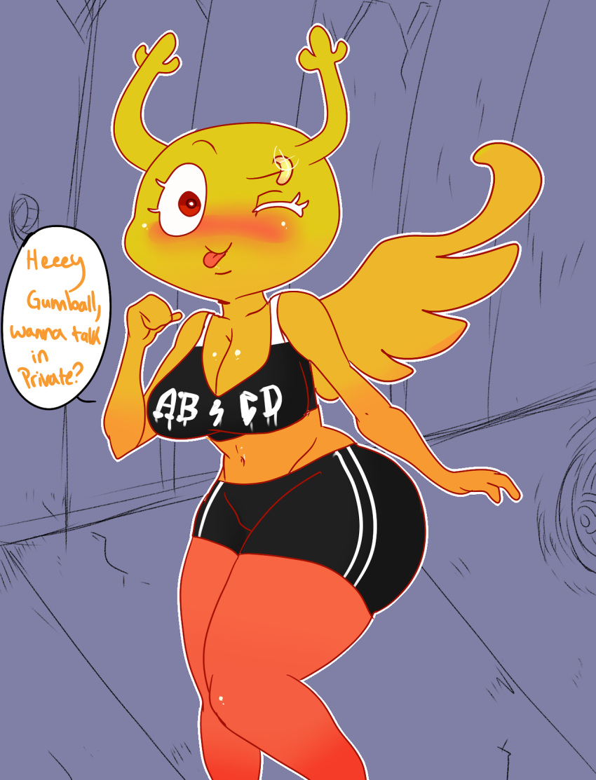 aaskulls anthro antlers bottomwear breasts cartoon_network cleavage clothed clothing crop_top dialogue eyebrow_piercing facial_piercing fairy female gym_bottomwear gym_clothing gym_shorts hi_res horn imminent_sex midriff navel one_eye_closed penny_fitzgerald piercing shirt shorts solo the_amazing_world_of_gumball thick_thighs tongue tongue_out topwear wings wink