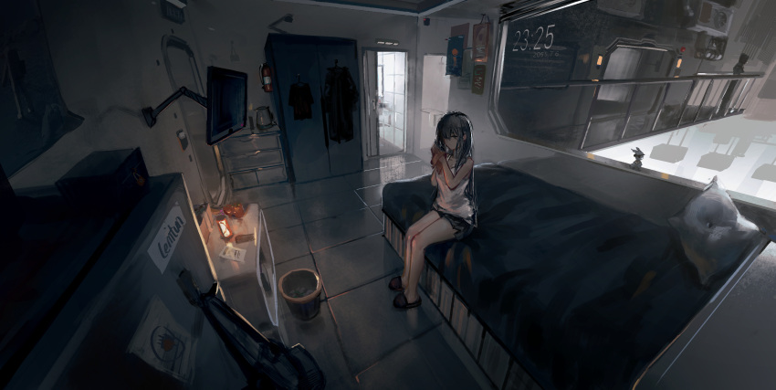 1girl 1other absurdres bed blue_shorts breasts camisole cleavage closet collarbone cushion dated door fire_extinguisher grey_hair highres indoors lamp lemtun long_hair monitor original railing scenery shorts sidelocks sitting slippers tile_floor tiles water_boiler white_camisole wide_shot