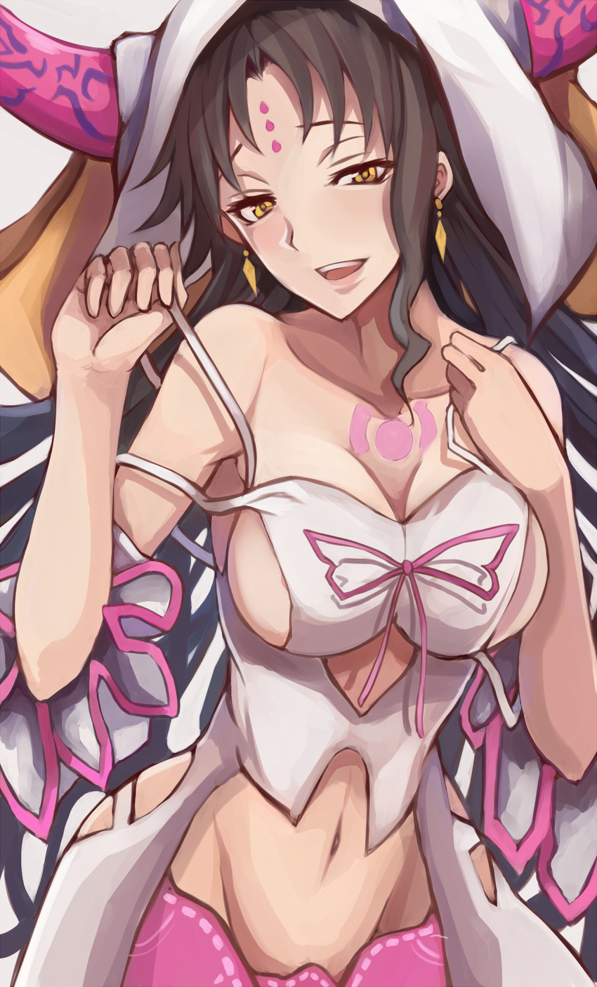 :d armpits bare_shoulders black_hair blush breasts cleavage commentary_request detached_sleeves facial_mark fate/extra fate/extra_ccc fate_(series) forehead_mark groin highres horns large_breasts long_hair looking_at_viewer navel open_mouth pink_ribbon pulled_by_self revealing_clothes ribbon sesshouin_kiara sideboob smile solo stomach strap_pull upper_body veil yellow_eyes yuzu_(masami)
