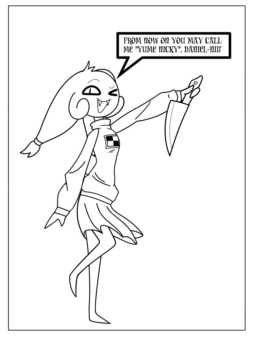 absurd_res ambiguous_gender anthro bat bottomwear clothed clothing dialogue fangs hi_res knife mammal nicky_(abfmh) scrambledeve skirt teeth yume_nikki