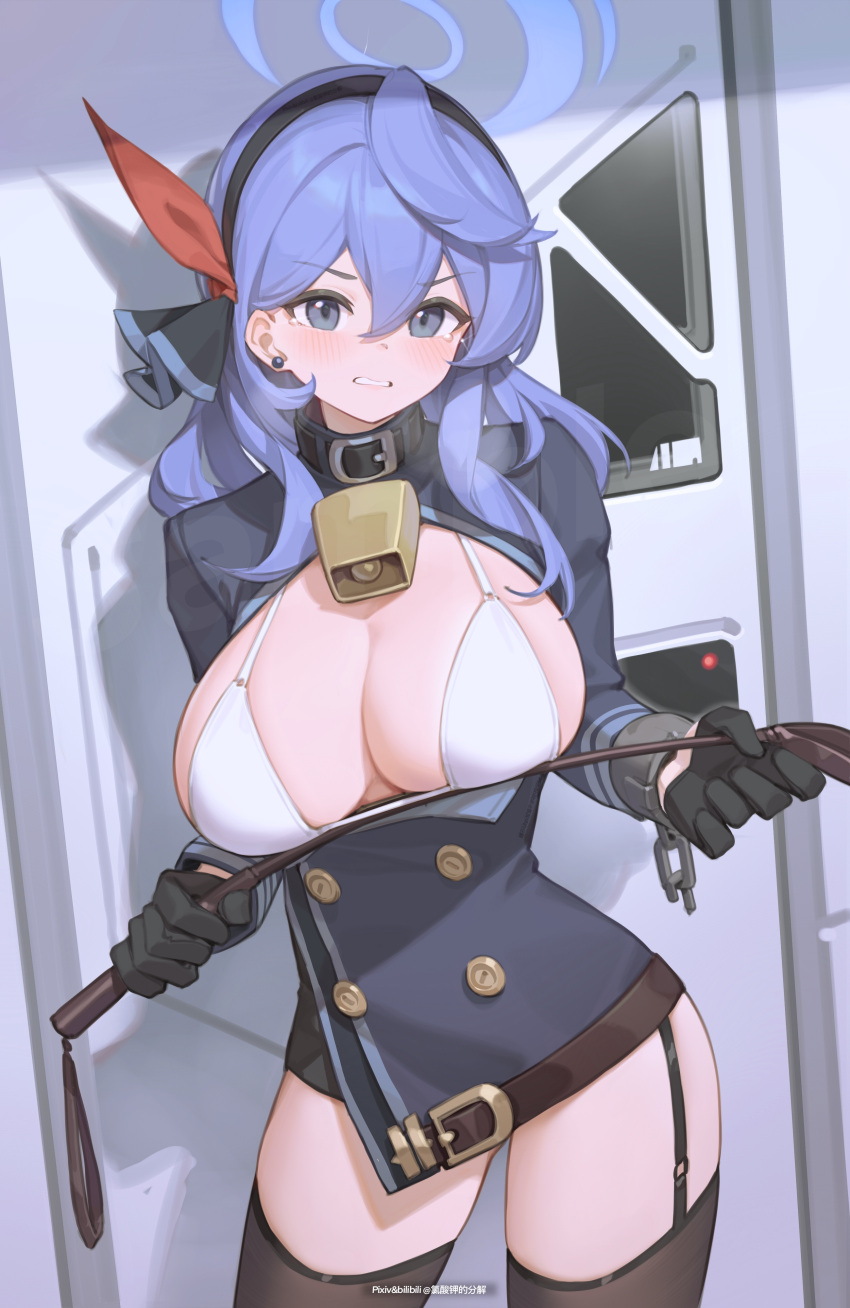 1girl absurdres ako_(blue_archive) bell bikini bilibili_xiaolu black_bow black_gloves black_hairband black_thighhighs blue_archive blue_eyes blue_hair blue_halo blue_jacket bow bow_hairband breasts buttons chinese_commentary clenched_teeth commentary_request contrapposto cowbell cowboy_shot cuffs double-breasted double-parted_bangs earrings framed_breasts garter_straps gloves hair_between_eyes hair_ribbon hairband halo highres holding_riding_crop jacket jewelry large_breasts long_hair long_sleeves looking_at_viewer neck_bell partial_commentary ribbon riding_crop shackles solo standing stud_earrings swimsuit tearing_up teeth thighhighs v-shaped_eyebrows wavy_hair white_bikini