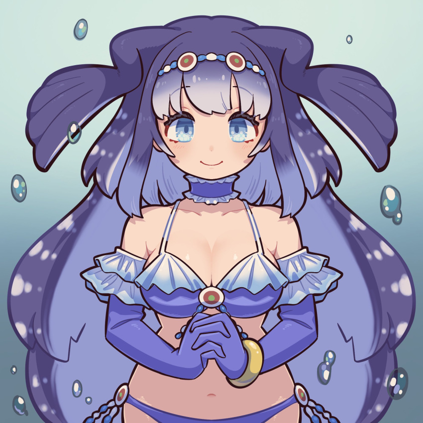 1girl an-chan_(ananna0315) bare_shoulders bikini blue_bikini blue_choker blue_eyes blue_gloves blue_hair blush bracelet choker elbow_gloves fins frilled_bikini frilled_choker frilled_gloves frills gloves hair_between_eyes hairband head_fins highres jewelry kemono_friends long_hair looking_at_viewer midriff multicolored_hair navel own_hands_together sidelocks smile solo steller's_sea_cow_(kemono_friends) swimsuit upper_body white_hair