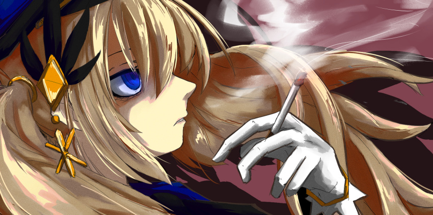 1girl blonde_hair blue_headwear chaos_gerda_(gakuen)_(grimms_notes) chocoika cigarette empty_eyes gloves grimms_notes hat highres holding holding_cigarette long_hair looking_up red_background smoke smoking solo teeth upper_body white_gloves