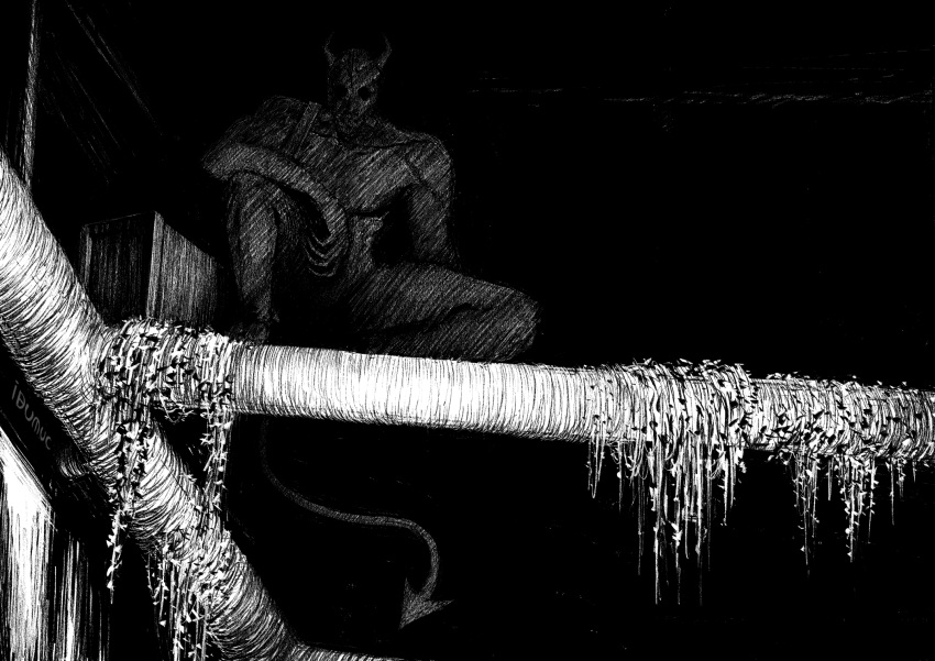 1girl commentary demon_girl demon_horns demon_tail dorohedoro english_commentary full_body greyscale highres horns ibumuc monochrome nikaidou_(dorohedoro) shade solo squatting tail