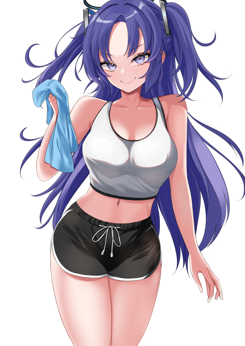 1girl absurdres black_shorts blue_archive blue_eyes breasts closed_mouth collarbone dolphin_shorts hair_ornament halo highres holding holding_towel large_breasts long_hair looking_at_viewer midriff navel nigori_(keydoor) purple_hair short_shorts shorts simple_background smile solo sportswear stomach tank_top thighs towel two_side_up very_long_hair white_background white_tank_top yuuka_(blue_archive)