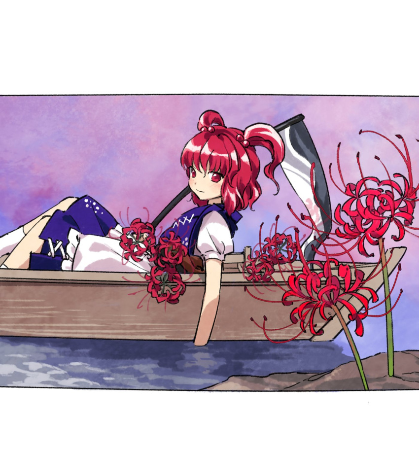 1girl blue_kimono boat closed_mouth flower highres holding holding_scythe japanese_clothes kaigen_1025 kimono onozuka_komachi pink_eyes pink_hair puffy_short_sleeves puffy_sleeves red_flower scythe short_sleeves sitting solo spider_lily touhou twintails watercraft white_kimono