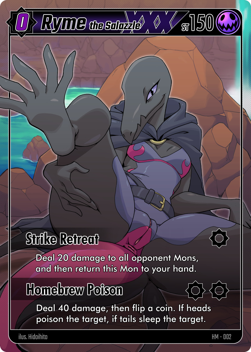 absurd_res anthro anus cloak clothed clothing female generation_7_pokemon genitals hi_res hidoihito leaning leaning_back nintendo partially_clothed pokemon pokemon_(species) presenting presenting_pussy pussy ryme_(totodice1) salazzle solo spread_legs spreading trading_card_game waterfall