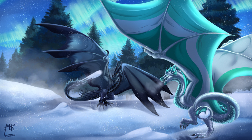belly_scales black_body black_scales blue_body blue_scales dragon duo evergreen_tree feral frexton hi_res male male/male maralmok netherwing_(character) pine_tree plant scales scalie signature snow tree white_body white_scales wyvern