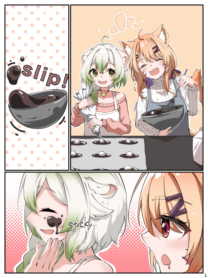 2girls absurdres ahoge animal_ear_fluff animal_ears apron baking bare_shoulders blue_apron bowl braid cat_ears cat_girl cat_tail chocolate chocolate_on_face commission drooling english_text eyes_visible_through_hair facial_mark ferret_ears ferret_girl food food_on_face green_eyes green_hair hair_ribbon highres holding holding_bowl laimu_(vtuber) lime_necklace long_hair mouth_drool multicolored_hair multiple_girls orange_hair pastry_bag pink_sweater pointy_nose polka_dot polka_dot_background red_eyes ribbon second-party_source shyrei_faolan simple_background single_braid skeb_commission smile sweater tail two-tone_hair u_da_desu vinesauce virtual_youtuber vyugen whipped_cream whisk whisker_markings white_apron white_hair white_sweater yuri