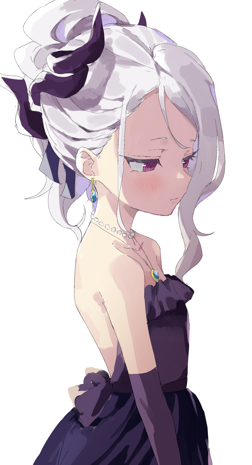 1girl absurdres bare_back bare_shoulders bead_necklace beads blue_archive blush closed_mouth commentary dress earrings highres hina_(blue_archive) hina_(dress)_(blue_archive) horns jewelry medium_hair necklace official_alternate_costume purple_dress purple_eyes purple_horns simple_background solo white_background white_hair yamamoto_souichirou