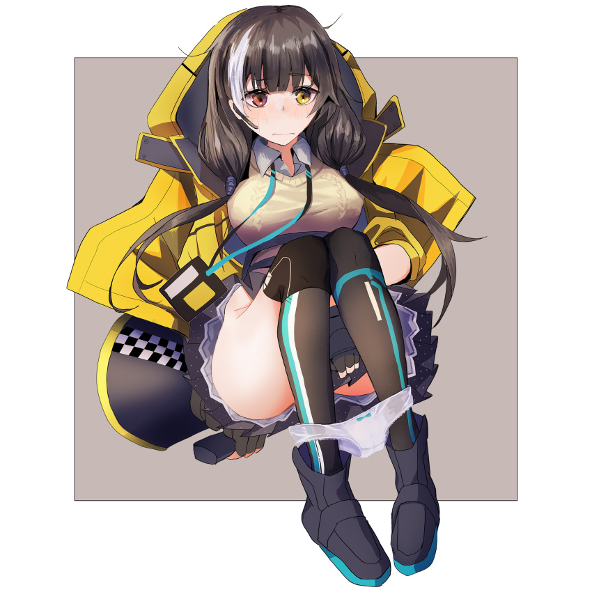 1girl ankle_boots black_footwear black_hair black_skirt blush boots breasts closed_mouth collared_shirt girls'_frontline heterochromia highres jacket large_breasts long_hair multicolored_hair panties panties_around_ankles panty_pull pleated_skirt red_eyes reraise ro635_(girls'_frontline) shirt skirt solo streaked_hair sweater twintails two-tone_hair underwear wavy_mouth white_hair white_panties white_shirt yellow_eyes yellow_jacket yellow_sweater