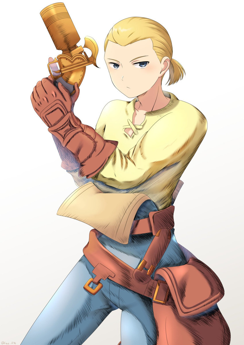 1boy artist_name belt blonde_hair blue_eyes blue_pants brown_bag closed_mouth final_fantasy final_fantasy_tactics fwa_rw gloves gun highres holding holding_gun holding_weapon looking_at_viewer male_focus mustadio_bunansa pants ponytail pouch shirt simple_background solo strap trigger_discipline two-handed weapon yellow_shirt