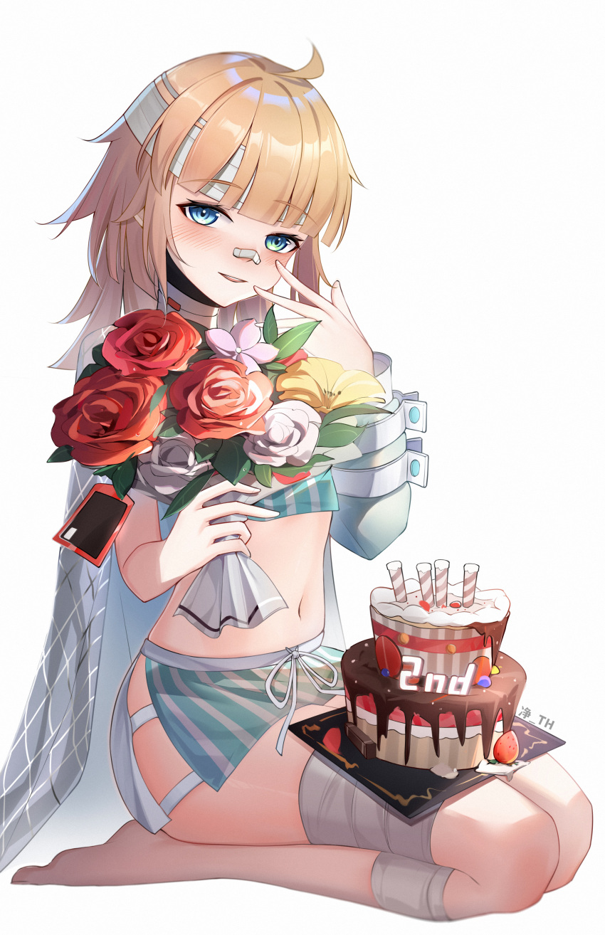 1girl aa-12_(girls'_frontline) absurdres ahoge aqua_eyes bandage_on_leg bandages bandaid bandaid_on_face bandaid_on_nose blonde_hair blush bouquet cake eyebrows_hidden_by_hair food food_on_body food_on_legs full_body girls'_frontline girls'_frontline_neural_cloud hand_to_own_mouth highres holding holding_bouquet lind_(neural_cloud) long_hair navel parted_lips seiza sitting smile solo teeth upper_teeth_only wan3051 white_background